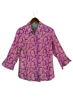 ROBERT GRAHAM 100% Silk Women’s Sz M Button Front Pink Paisley Print Top Blouse
